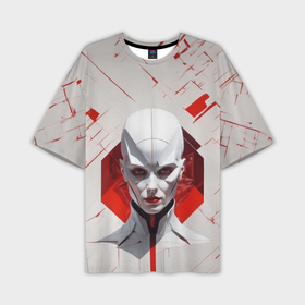 Мужская футболка oversize 3D с принтом Девушка андроид с красными линиями в Курске,  |  | Тематика изображения на принте: 