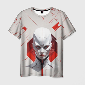 Мужская футболка 3D с принтом Девушка андроид с красными линиями в Курске, 100% полиэфир | прямой крой, круглый вырез горловины, длина до линии бедер | Тематика изображения на принте: 