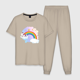 Мужская пижама хлопок с принтом Единорог в облаках на радуге мечты , 100% хлопок | брюки и футболка прямого кроя, без карманов, на брюках мягкая резинка на поясе и по низу штанин
 | 