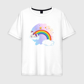 Мужская футболка хлопок Oversize с принтом Единорог в облаках на радуге мечты , 100% хлопок | свободный крой, круглый ворот, “спинка” длиннее передней части | 