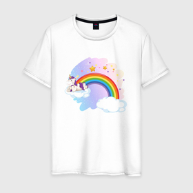 Мужская футболка хлопок с принтом Единорог в облаках на радуге мечты , 100% хлопок | прямой крой, круглый вырез горловины, длина до линии бедер, слегка спущенное плечо. | 