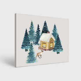 Холст прямоугольный с принтом Зимний дом в лесу с оленем в Белгороде, 100% ПВХ |  | Тематика изображения на принте: 