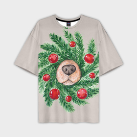 Мужская футболка oversize 3D с принтом Нос собаки в рождественском венке в Белгороде,  |  | 