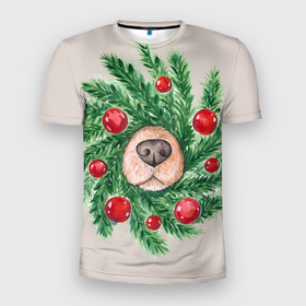 Мужская футболка 3D Slim с принтом Нос собаки в рождественском венке в Кировске, 100% полиэстер с улучшенными характеристиками | приталенный силуэт, круглая горловина, широкие плечи, сужается к линии бедра | 