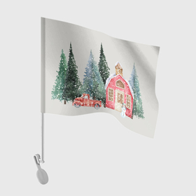 Флаг для автомобиля с принтом Новогодний дом в лесу в Екатеринбурге, 100% полиэстер | Размер: 30*21 см | 