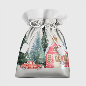 Подарочный 3D мешок с принтом Новогодний дом в лесу , 100% полиэстер | Размер: 29*39 см | 