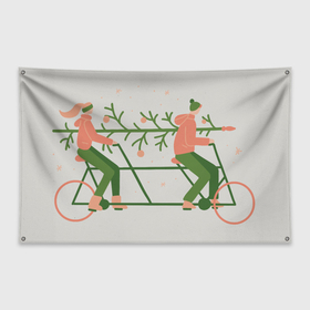 Флаг-баннер с принтом Парень и девушка на велосипеде с ёлкой в Курске, 100% полиэстер | размер 67 х 109 см, плотность ткани — 95 г/м2; по краям флага есть четыре люверса для крепления | 