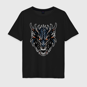 Мужская футболка хлопок Oversize с принтом Маска черного дракона в Кировске, 100% хлопок | свободный крой, круглый ворот, “спинка” длиннее передней части | 