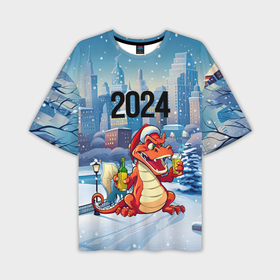 Мужская футболка oversize 3D с принтом Праздничный  дракон  с шампанским ,  |  | Тематика изображения на принте: 