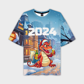 Мужская футболка oversize 3D с принтом 2024 дракон   с шампанским ,  |  | Тематика изображения на принте: 