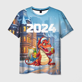 Мужская футболка 3D с принтом 2024 дракон   с шампанским , 100% полиэфир | прямой крой, круглый вырез горловины, длина до линии бедер | 