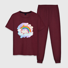 Мужская пижама хлопок с принтом Единорог на облаке где радуга спит , 100% хлопок | брюки и футболка прямого кроя, без карманов, на брюках мягкая резинка на поясе и по низу штанин
 | 