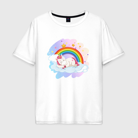 Мужская футболка хлопок Oversize с принтом Единорог на облаке где радуга спит , 100% хлопок | свободный крой, круглый ворот, “спинка” длиннее передней части | 