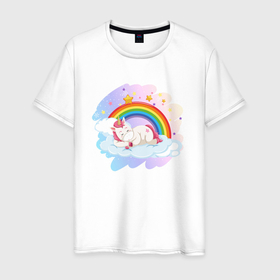 Мужская футболка хлопок с принтом Единорог на облаке где радуга спит , 100% хлопок | прямой крой, круглый вырез горловины, длина до линии бедер, слегка спущенное плечо. | 