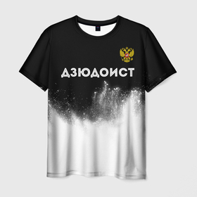 Мужская футболка 3D с принтом Дзюдоист из России и герб РФ посередине в Санкт-Петербурге, 100% полиэфир | прямой крой, круглый вырез горловины, длина до линии бедер | 