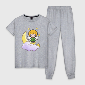 Женская пижама хлопок с принтом Ангелочек с подарком , 100% хлопок | брюки и футболка прямого кроя, без карманов, на брюках мягкая резинка на поясе и по низу штанин | 