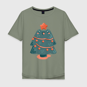 Мужская футболка хлопок Oversize с принтом Веселая елка лягушка в Петрозаводске, 100% хлопок | свободный крой, круглый ворот, “спинка” длиннее передней части | 