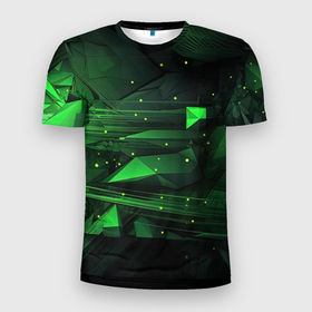 Мужская футболка 3D Slim с принтом Преобразования зеленого в абстракции в Петрозаводске, 100% полиэстер с улучшенными характеристиками | приталенный силуэт, круглая горловина, широкие плечи, сужается к линии бедра | 