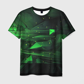 Мужская футболка 3D с принтом Преобразования зеленого в абстракции в Петрозаводске, 100% полиэфир | прямой крой, круглый вырез горловины, длина до линии бедер | 