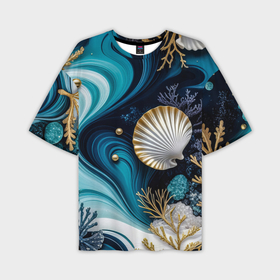 Мужская футболка oversize 3D с принтом Кораллы и ракушки на бирюзовой глубине в Екатеринбурге,  |  | 