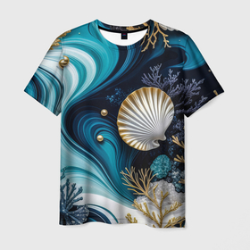 Мужская футболка 3D с принтом Кораллы и ракушки на бирюзовой глубине в Курске, 100% полиэфир | прямой крой, круглый вырез горловины, длина до линии бедер | 