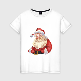 Женская футболка хлопок с принтом Дед мороз с улыбкой в Екатеринбурге, 100% хлопок | прямой крой, круглый вырез горловины, длина до линии бедер, слегка спущенное плечо | 