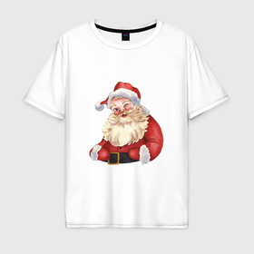 Мужская футболка хлопок Oversize с принтом Дед мороз с улыбкой , 100% хлопок | свободный крой, круглый ворот, “спинка” длиннее передней части | 