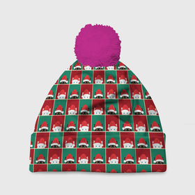 Шапка 3D c помпоном с принтом Котики в новогодних шапочках в Екатеринбурге, 100% полиэстер | универсальный размер, печать по всей поверхности изделия | Тематика изображения на принте: 
