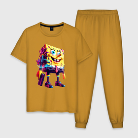 Мужская пижама хлопок с принтом Губка Боб с пистолетом   киберпанк   нейросеть в Курске, 100% хлопок | брюки и футболка прямого кроя, без карманов, на брюках мягкая резинка на поясе и по низу штанин
 | 