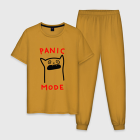 Мужская пижама хлопок с принтом Panic mode   котик в Белгороде, 100% хлопок | брюки и футболка прямого кроя, без карманов, на брюках мягкая резинка на поясе и по низу штанин
 | 