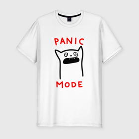 Мужская футболка хлопок Slim с принтом Panic mode   котик в Белгороде, 92% хлопок, 8% лайкра | приталенный силуэт, круглый вырез ворота, длина до линии бедра, короткий рукав | 