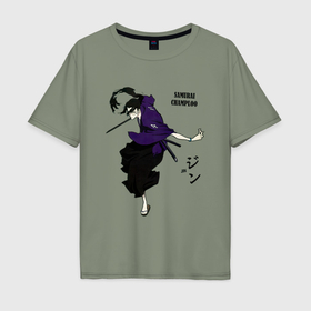 Мужская футболка хлопок Oversize с принтом Дзин из аниме самурай чамплу в Белгороде, 100% хлопок | свободный крой, круглый ворот, “спинка” длиннее передней части | 
