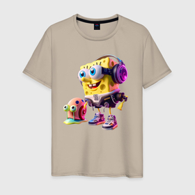 Мужская футболка хлопок с принтом Губка Боб и улитка Гэри   киберпанк в Курске, 100% хлопок | прямой крой, круглый вырез горловины, длина до линии бедер, слегка спущенное плечо. | 