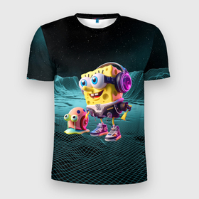 Мужская футболка 3D Slim с принтом Sponge Bob and snail Gary   fantasy   ai art в Кировске, 100% полиэстер с улучшенными характеристиками | приталенный силуэт, круглая горловина, широкие плечи, сужается к линии бедра | 