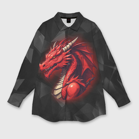 Мужская рубашка oversize 3D с принтом Красный дракон на полигональном черном фоне в Курске,  |  | 