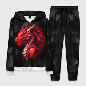 Мужской костюм 3D с принтом Красный дракон на полигональном черном фоне в Курске, 100% полиэстер | Манжеты и пояс оформлены тканевой резинкой, двухслойный капюшон со шнурком для регулировки, карманы спереди | 