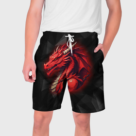 Мужские шорты 3D с принтом Красный дракон на полигональном черном фоне в Новосибирске,  полиэстер 100% | прямой крой, два кармана без застежек по бокам. Мягкая трикотажная резинка на поясе, внутри которой широкие завязки. Длина чуть выше колен | 