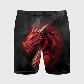 Мужские шорты спортивные с принтом Красный дракон на полигональном черном фоне в Кировске,  |  | 