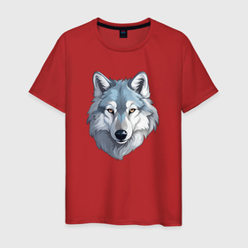 Мужская футболка хлопок с принтом Портрет серого волка в Петрозаводске, 100% хлопок | прямой крой, круглый вырез горловины, длина до линии бедер, слегка спущенное плечо. | 