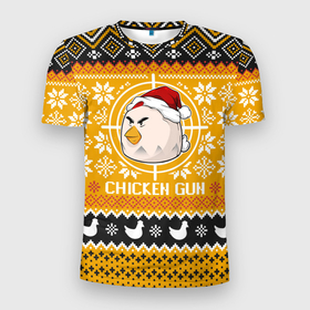 Мужская футболка 3D Slim с принтом Chicken gun christmas sweater в Тюмени, 100% полиэстер с улучшенными характеристиками | приталенный силуэт, круглая горловина, широкие плечи, сужается к линии бедра | Тематика изображения на принте: 