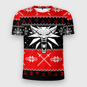Мужская футболка 3D Slim с принтом The Witcher christmas sweater в Белгороде, 100% полиэстер с улучшенными характеристиками | приталенный силуэт, круглая горловина, широкие плечи, сужается к линии бедра | 