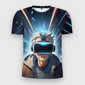 Мужская футболка 3D Slim с принтом Пожилой мужчина в очках VR в Белгороде, 100% полиэстер с улучшенными характеристиками | приталенный силуэт, круглая горловина, широкие плечи, сужается к линии бедра | Тематика изображения на принте: 