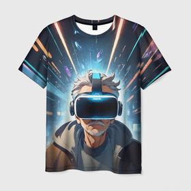 Мужская футболка 3D с принтом Пожилой мужчина в очках VR в Тюмени, 100% полиэфир | прямой крой, круглый вырез горловины, длина до линии бедер | 