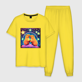 Мужская пижама хлопок с принтом Капибары под звездным небом , 100% хлопок | брюки и футболка прямого кроя, без карманов, на брюках мягкая резинка на поясе и по низу штанин
 | 