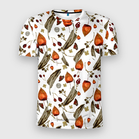 Мужская футболка 3D Slim с принтом Перья и физалис в Новосибирске, 100% полиэстер с улучшенными характеристиками | приталенный силуэт, круглая горловина, широкие плечи, сужается к линии бедра | Тематика изображения на принте: 