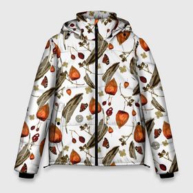 Мужская зимняя куртка 3D с принтом Перья и физалис в Новосибирске, верх — 100% полиэстер; подкладка — 100% полиэстер; утеплитель — 100% полиэстер | длина ниже бедра, свободный силуэт Оверсайз. Есть воротник-стойка, отстегивающийся капюшон и ветрозащитная планка. 

Боковые карманы с листочкой на кнопках и внутренний карман на молнии. | Тематика изображения на принте: 