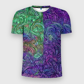 Мужская футболка 3D Slim с принтом Вьющийся узор фиолетовый и зелёный в Тюмени, 100% полиэстер с улучшенными характеристиками | приталенный силуэт, круглая горловина, широкие плечи, сужается к линии бедра | 