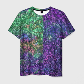 Мужская футболка 3D с принтом Вьющийся узор фиолетовый и зелёный в Тюмени, 100% полиэфир | прямой крой, круглый вырез горловины, длина до линии бедер | 