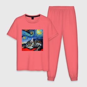 Мужская пижама хлопок с принтом Кошка Ван Гога в Курске, 100% хлопок | брюки и футболка прямого кроя, без карманов, на брюках мягкая резинка на поясе и по низу штанин
 | 