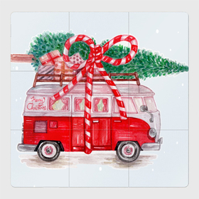 Магнитный плакат 3Х3 с принтом Красный новогодний автобус с ёлкой , Полимерный материал с магнитным слоем | 9 деталей размером 9*9 см | Тематика изображения на принте: 